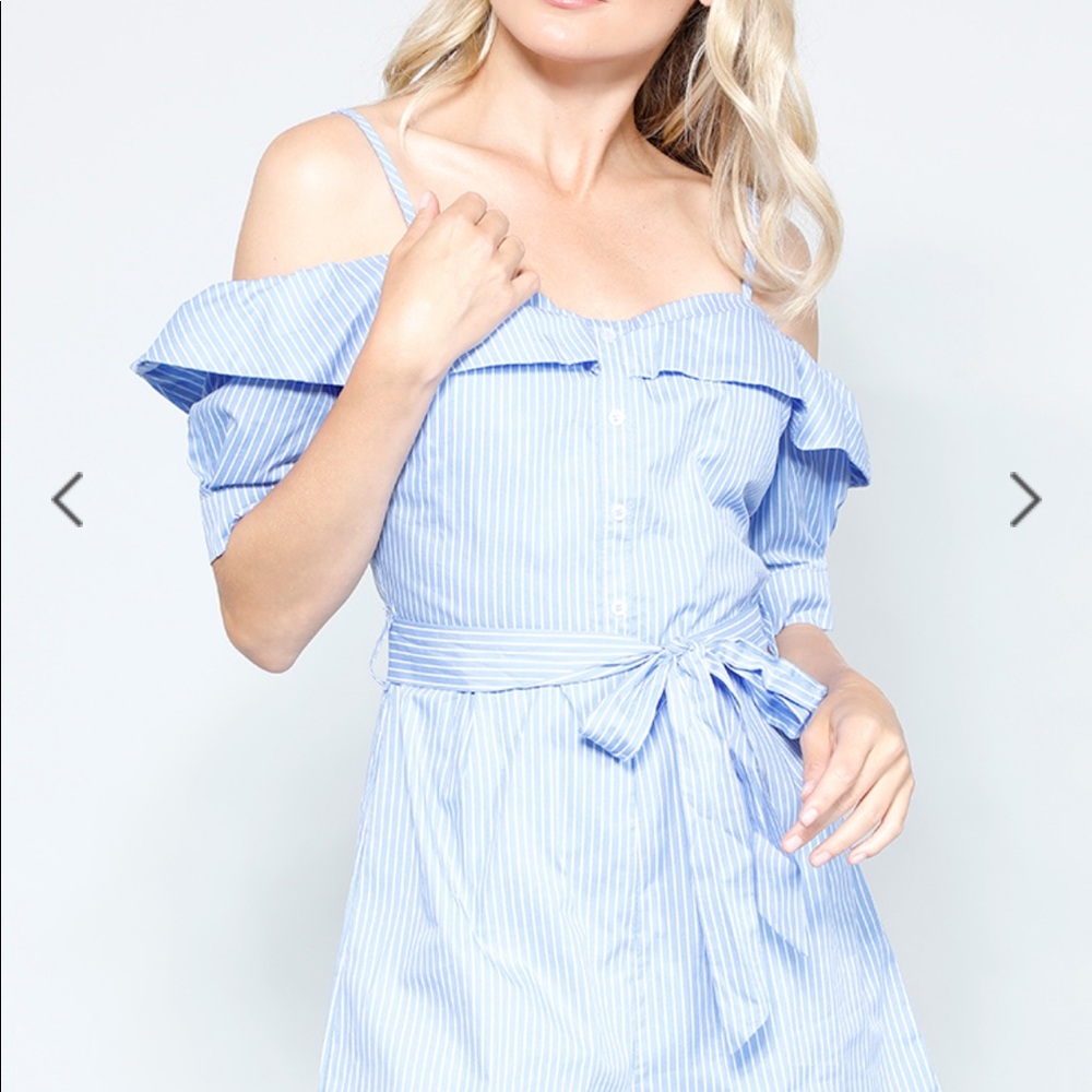 Papaya Striped Off-The-Shoulder Tie-Front Romper
